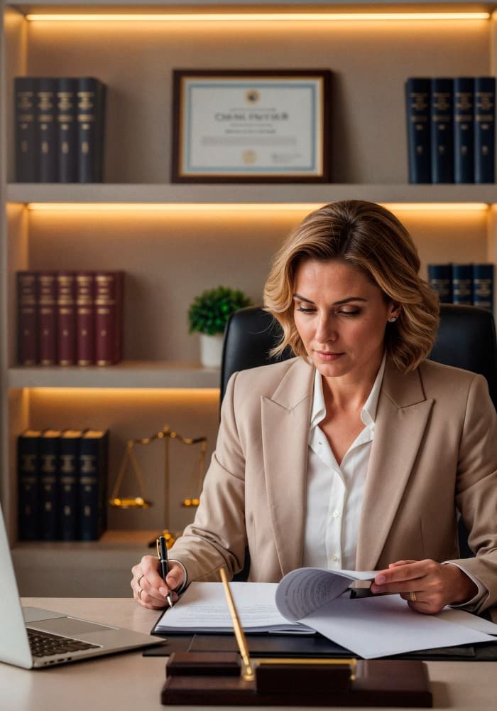 Advogada revisando e assinando documentos no escritório